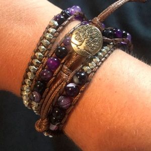 Adjustable Wrap Bracelet w Purple Beads